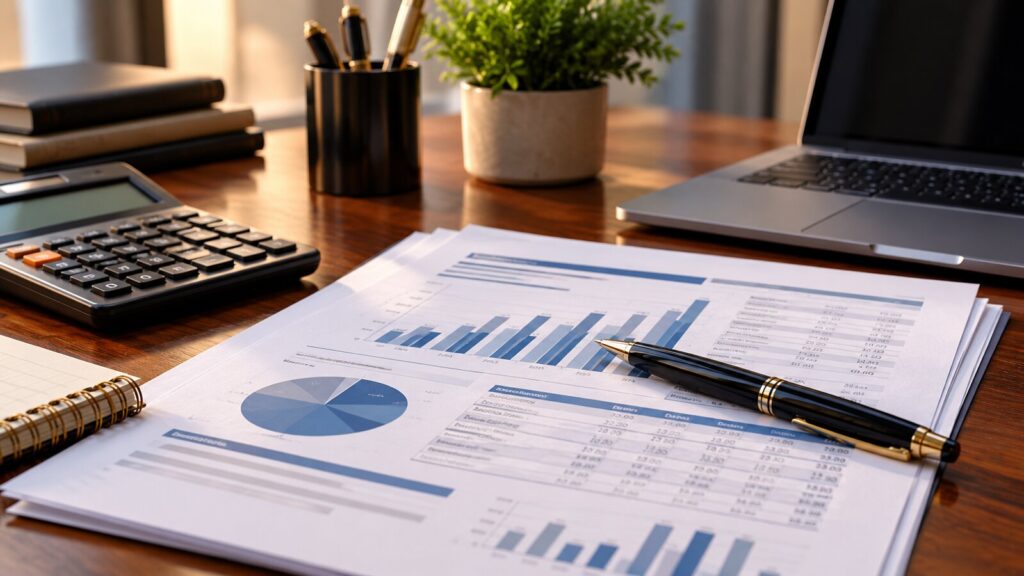 Documentos e caneta sobre uma mesa de escritório, representando o planejamento financeiro.