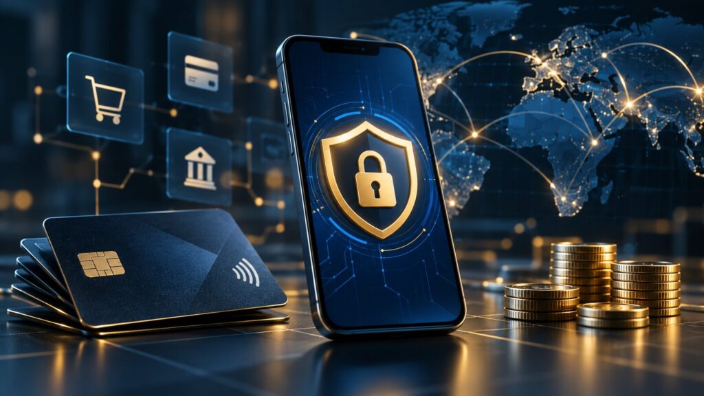 Ilustração de um smartphone com escudo digital, representando a segurança em transações financeiras e proteção contra fraudes.