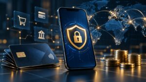 Ilustração de um smartphone com escudo digital, representando a segurança em transações financeiras e proteção contra fraudes.