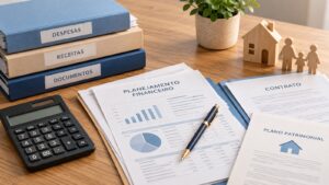 Documentos, pastas e calculadora sobre uma mesa, representando a organização para a cobrança judicial.