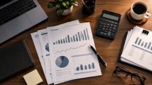 Documentos e calculadora sobre uma mesa, representando a análise de valores e contratos.