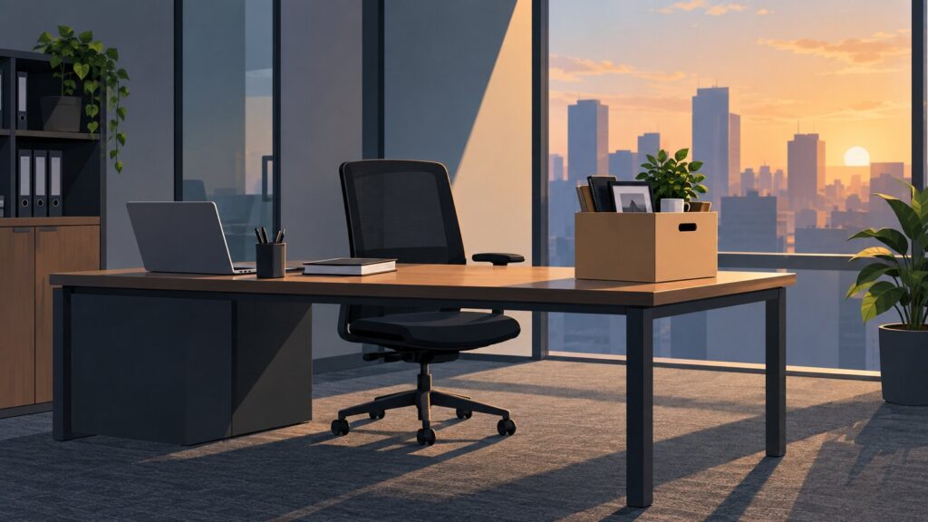 Ilustração de uma mesa de trabalho com cadeira vazia representando a transição e rescisão de um contrato profissional.